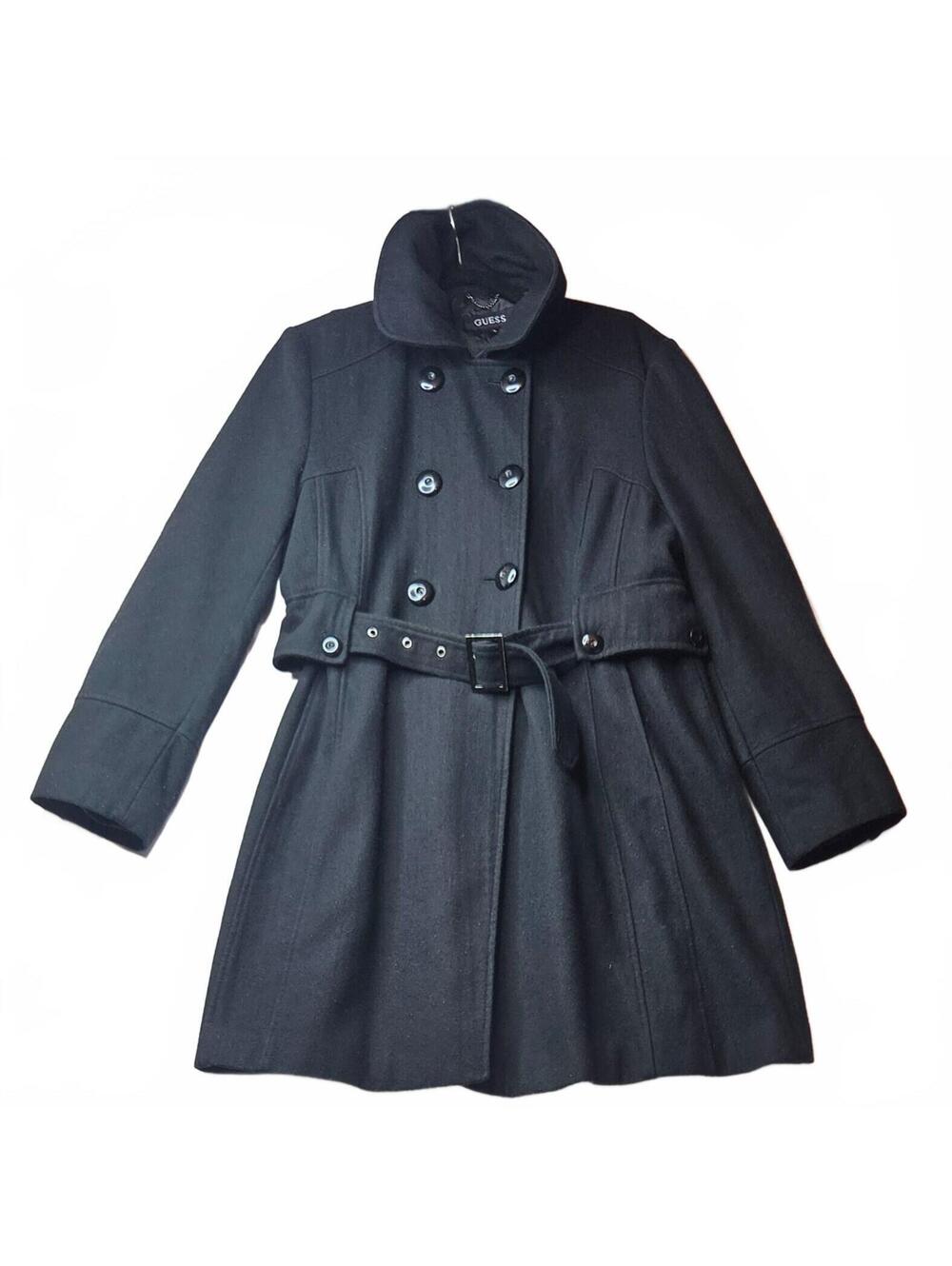 Vintage GUESS Black High-Collar Belted Wool Blend Peacoat Jacket XL